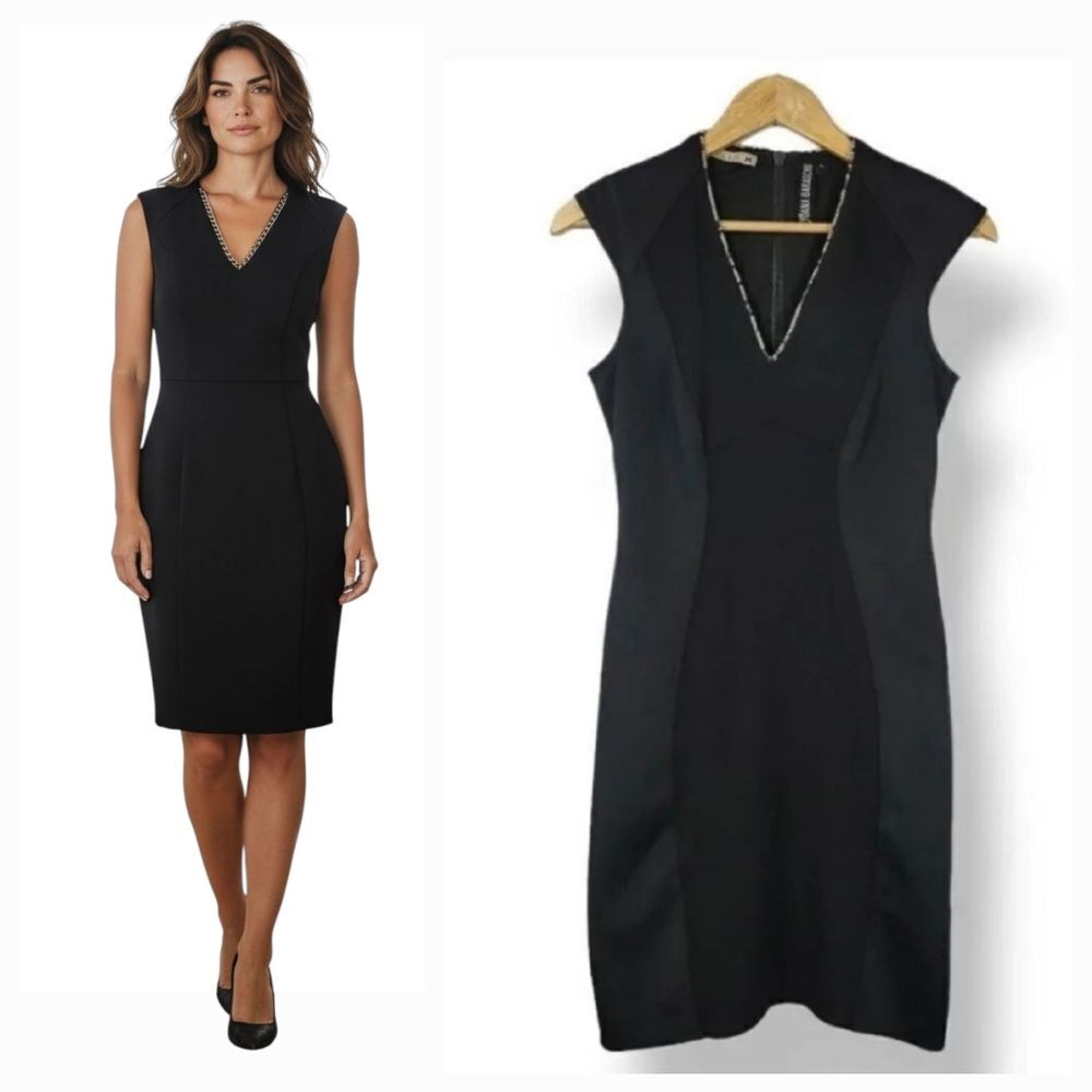 Y2K Yoana Baraschi Ponte Knit Vneckline Cap Sleeve Sheath Dress in Black Size S